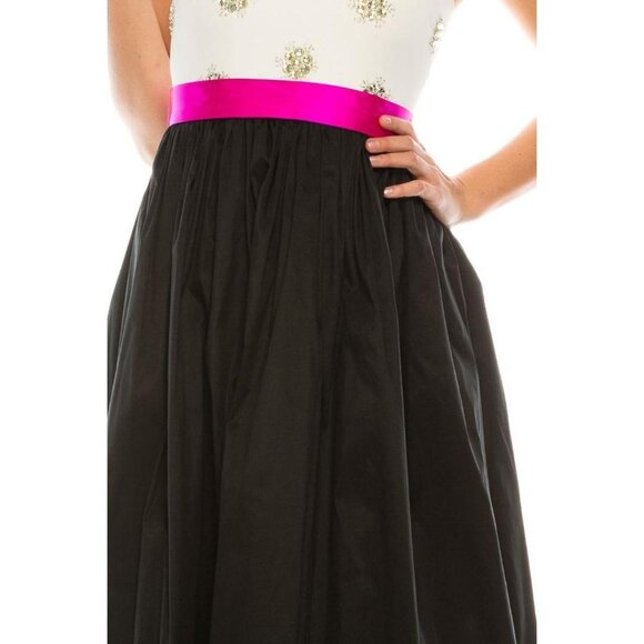 Aidan Mattox Women's Black/White Embordered Banded Waist Halter Dress Sz 0 291 - Picture 11 of 13